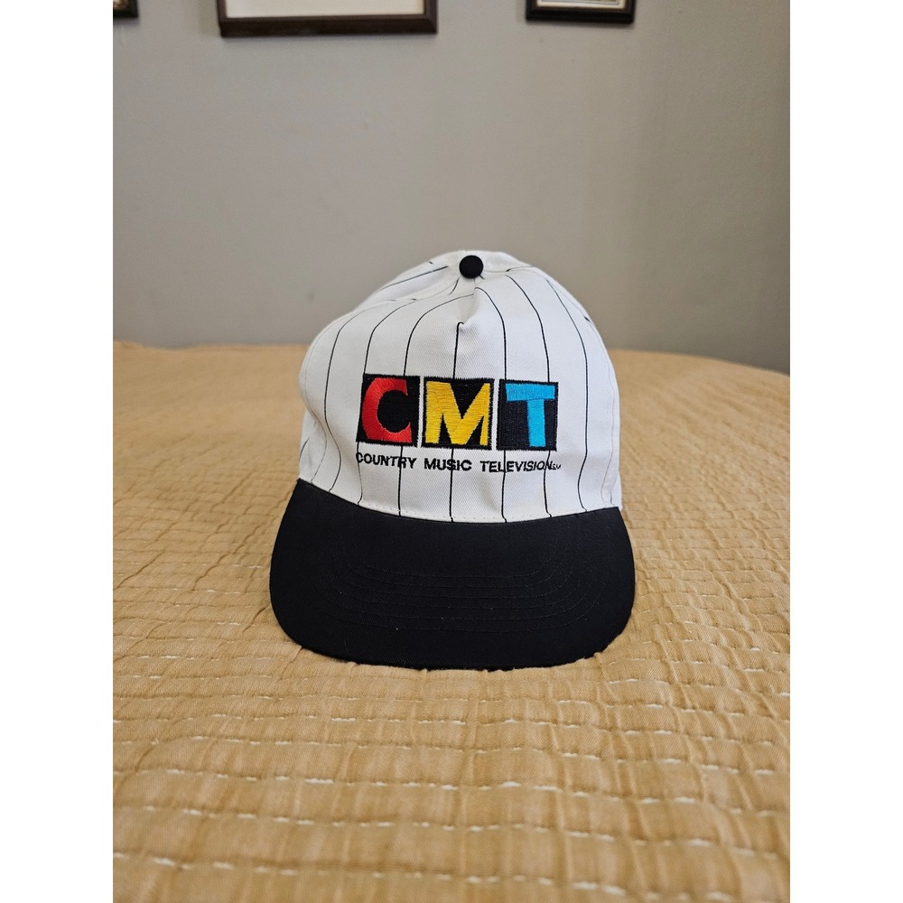 Vintage‎ CMT Country Music Television Pinstripe Snapback Hat White Black 90s